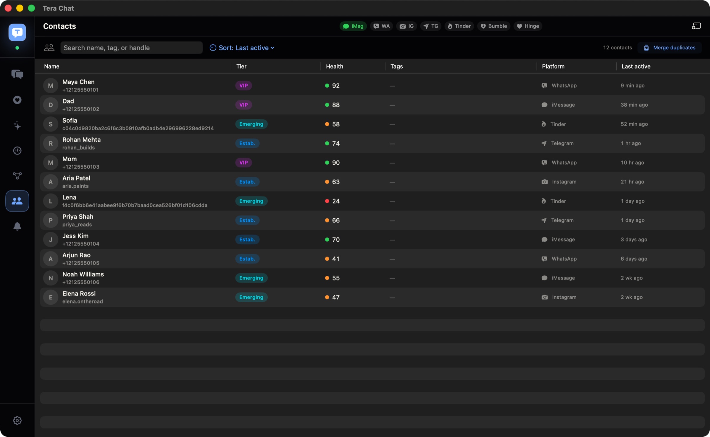 Tera Chat's contacts list, with people from Telegram, WhatsApp, iMessage, Instagram and Tinder and a health score for each