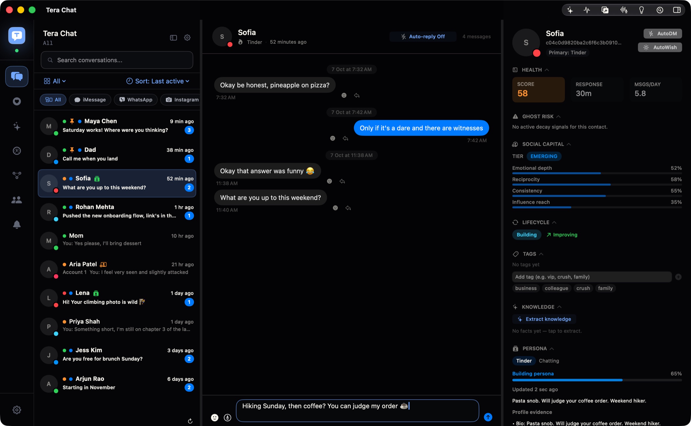 A Tinder chat with Sofia in Tera Chat, with a reply written from her bio and her profile beside it