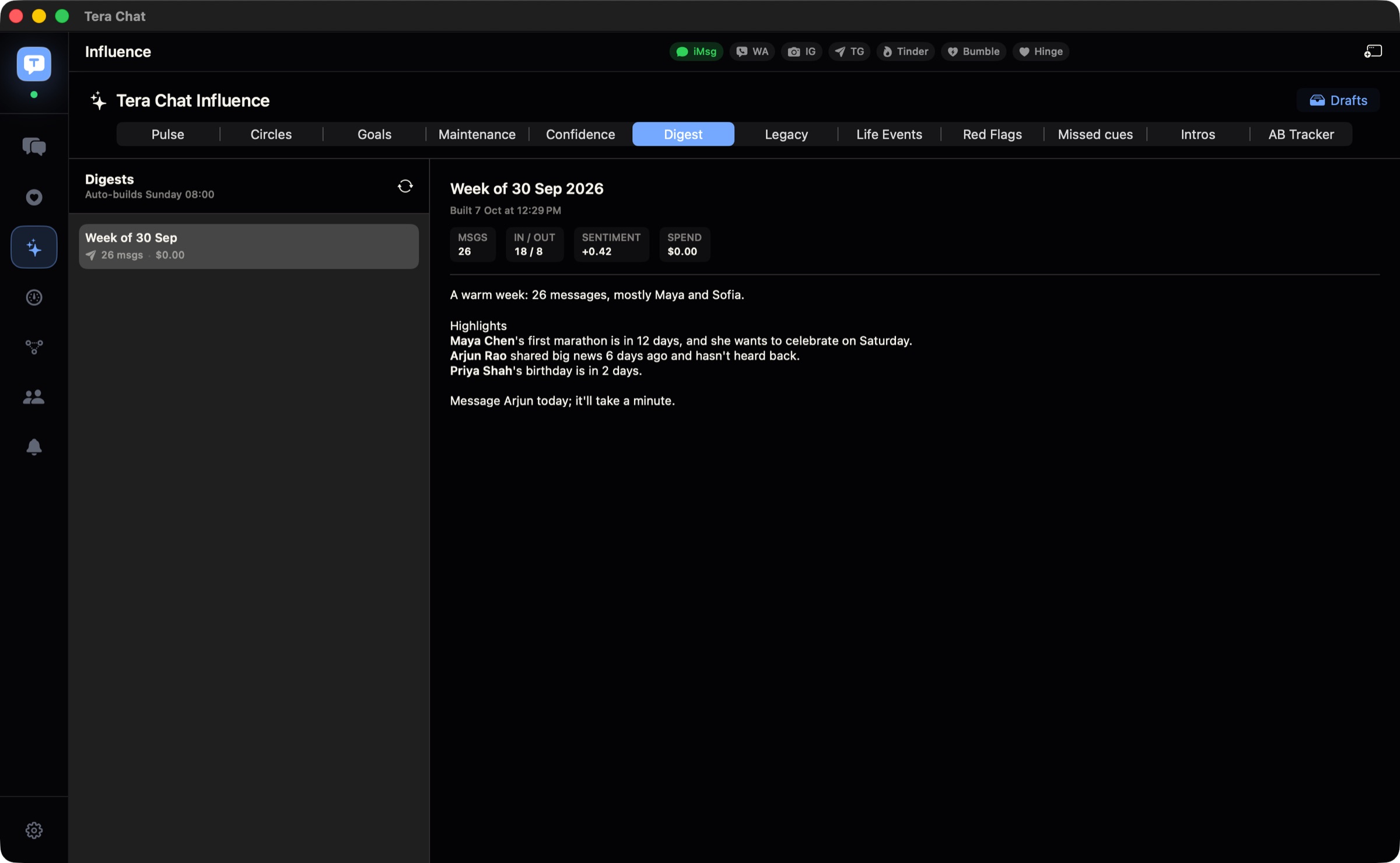 Tera Chat weekly digest for the week of 30 September 2026, noting that Maya's first marathon is in 12 days, Arjun shared big news six days ago and hasn't heard back, and Priya's birthday is in two days