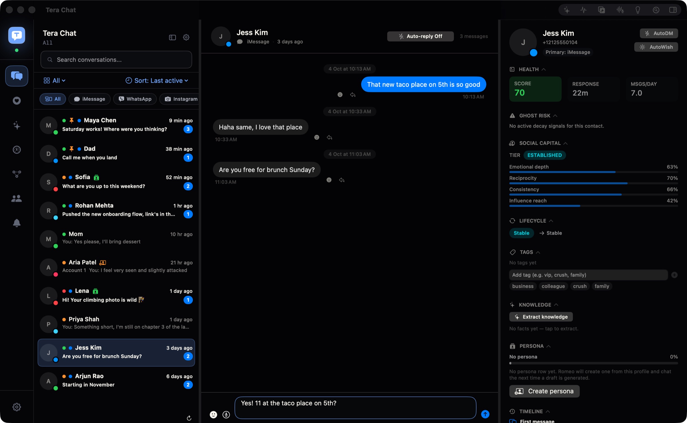 An iMessage chat with Jess Kim in Tera Chat, with a reply typed in the composer and her relationship health score