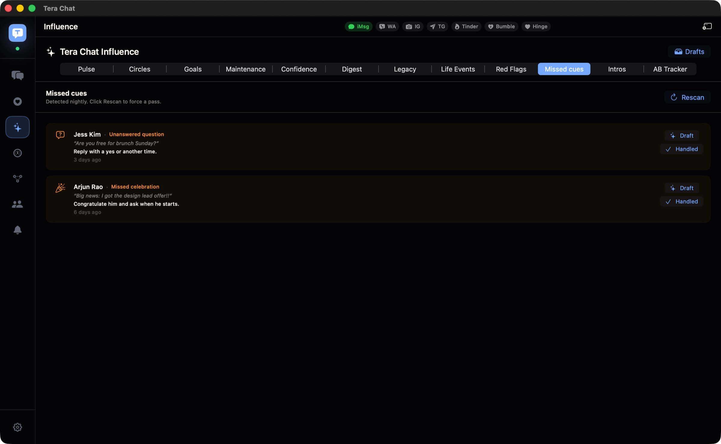 Tera Chat's missed cues view flagging an unanswered question and a missed celebration